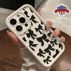 Soft Phone Case for iPhone 16 15 14 Pro Max 13 12 11 XR XS Plus E Black bow tie Pattern TPU Bumper Camera Lens Protection Rugged Durable Phone Cover