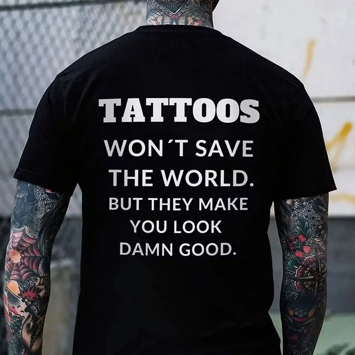 TATTOOS WON'T SAVE THE WORLD Black Print T-shirt
