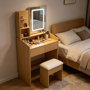 Wooden Compact Makeup Vanity Table with Power Outlet Hairdryer Holder and Stool for Bedroom