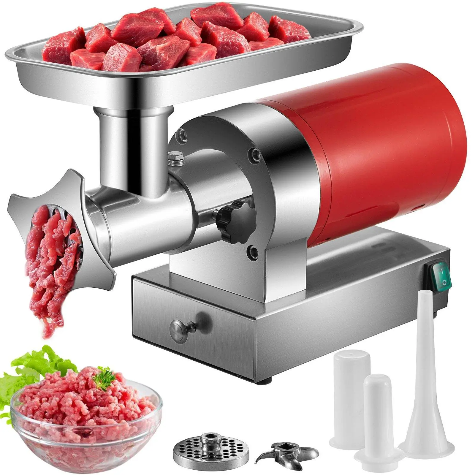 【Fallpicks】VEVOR Heavy-Duty Electric Meat Grinder & Mincer, 1100W 1.5HP Meat Mincing Machine, 661Lbs/Hour, 2 Grinding Plates, Sausage Maker Kit, Mince & Stuff Tool for Home/Commercial Kitchen Use, Red, Home Kitchen