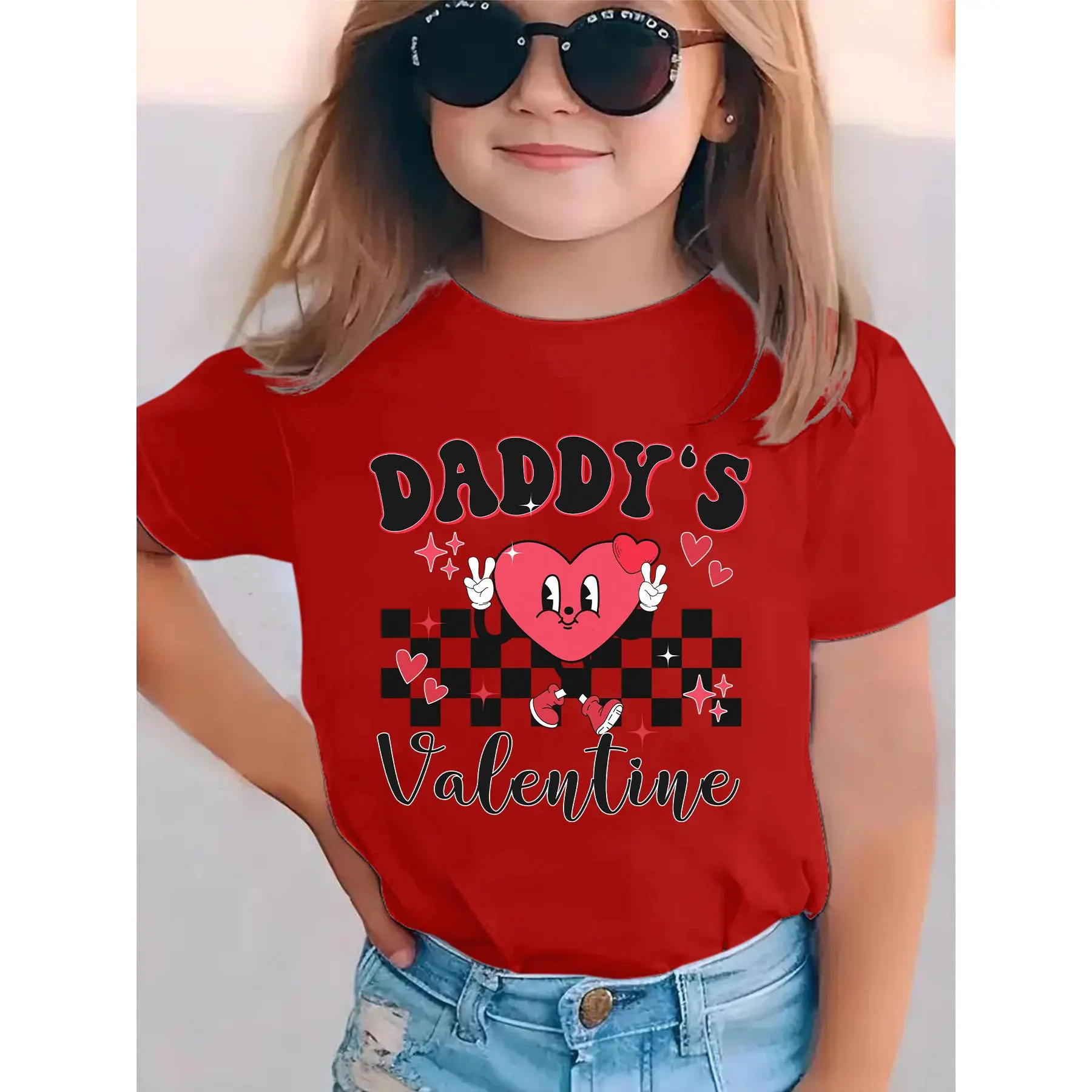 Girls' "DADDY's VALENTINE" Short Sleeve T-Shirt - Heart & XOXO Daddy Matching Outfit, Summer Casual Round Neck Blouse for Valentine's Day Gift ( & Little Girls)