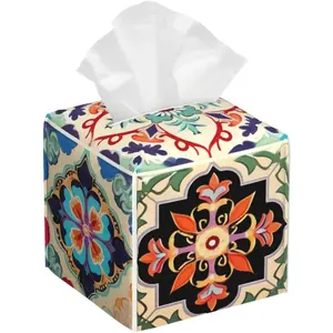 Tissue Box Cover Colorful Boho Tile Square PU Tissue Box Holder for Car Bedroom Desk Tabletop