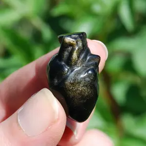 ONE 1.25in Gold Sheen Obsidian Anatomical Heart Realistic Crystal Carving