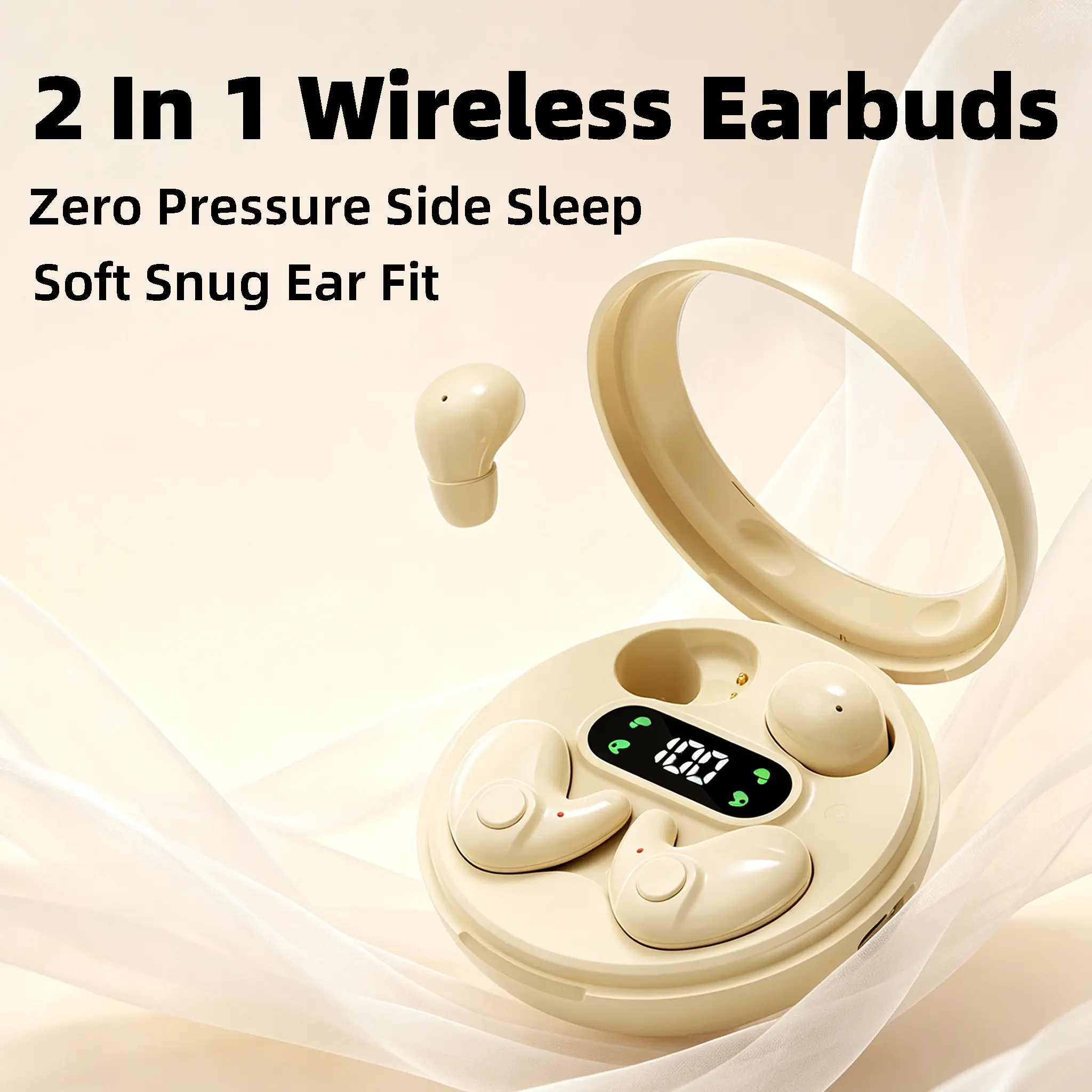 2-in-1 Ultra Light Bluetooth Wireless Earbuds - No Pain Long Wear, No Pressure for Side Sleepers, Hidden Design, Soft Stereo Sound, Touch Control, Long Battery Life, Pocket Portable for Sleep & Daily Use