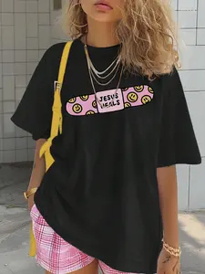 Women's Letter Print Drop Shoulder Tee, Casual Half Sleeve Round Neck T-Shirt for Summer, Fashion Women's Top for Daily Wear, Womenswear