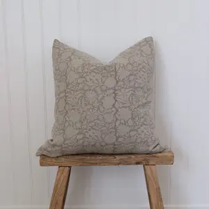 Laurel Floral Pillow Cover - Light Gray Printed Linen All Seasons Decorative Pillow with Invisible Zipper & Serged Edges Made in USA