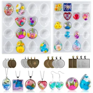 Cabochon Gems Resin Molds Silicone Molds with 16 PCS Metal Pendants for Resin Epoxy DIY Crafting, Earring, Pendant