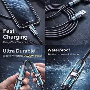 240W 4-in-1 USB-C Cable PD 5A Fast Charging Data Sync USB-A Type-C Lightning Aluminum Compatible with iPhone 16/15 iPad Samsung Laptops Ultra Durable 20000+ Bends