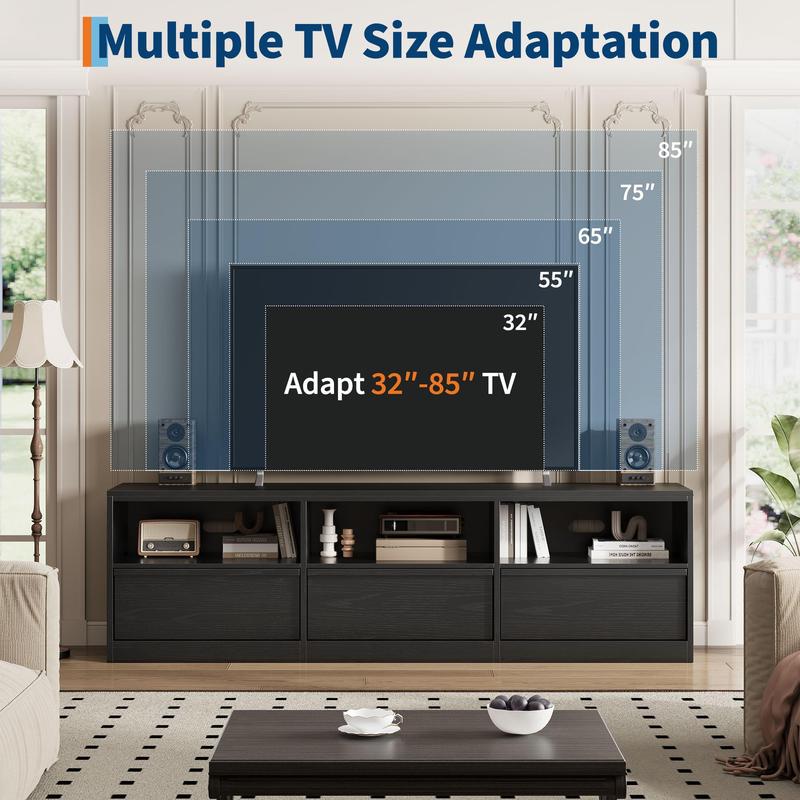 70" TV Stand for TVs up to 85" - Mid Century Modern Entertainment Center with Storage Drawer & Open Shelves, for Living Room & Bedroom, Black