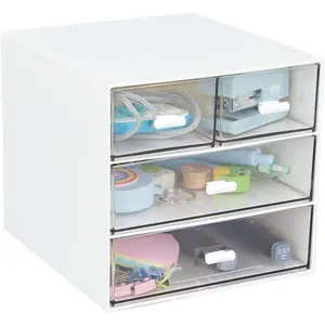Desk Organizer with 4 Drawers, Clear Plastic Desk Storage Box, Desktop Organization For Office Supplies, Gel Pens, Pencils, Markers, Tape, Erasers, Paperclips, Chargers (White-4 Draws)