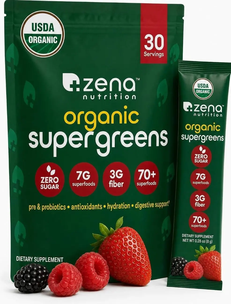 Organic Super Greens Powder, 70+ Superfoods, 0 Sugar, 3g Fiber, Spirulina, Chlorella, Mushrooms, Prebiotics/Probiotics, Digestive Enzymes, Gut Health, Mixed Berry, 30 Drink Mix Packets