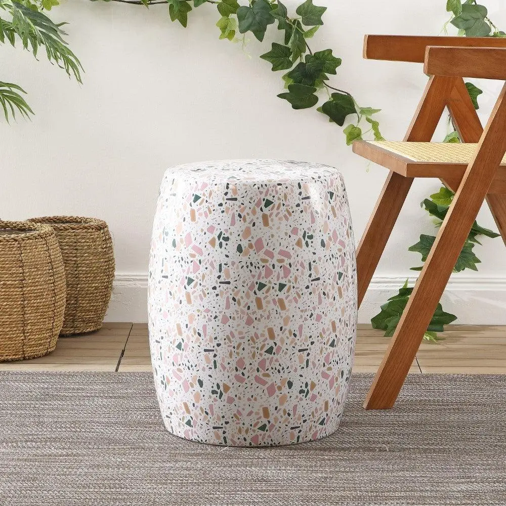 JONATHAN Y Chiara 17.5" Terrazzo Ceramic Garden Stool, White/Pink - Modern Bohemian Style