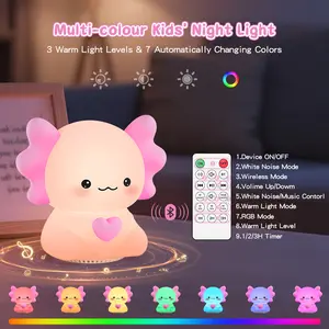 Axolotl Night Light for Kids with 7 RGB Colors Stepless Dimming Bluetooth Speaker 20 White Noise Sounds Rechargeable Tap Light 1h Timer Touch Control Nursery Art Neon Accent