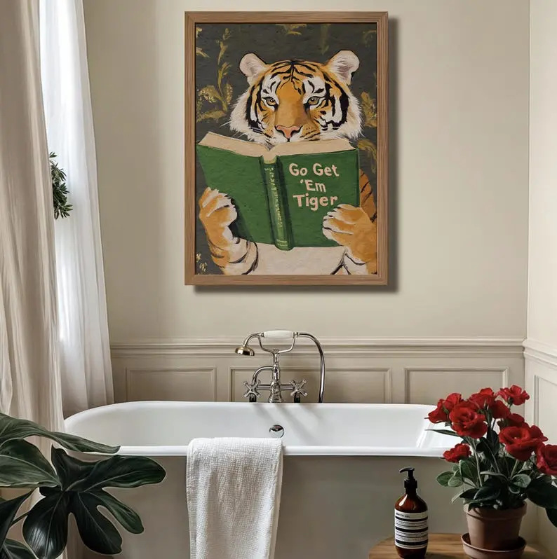 Tiger Reading Print Humorous Bookworm Poster - Home Decor Photo for Library, Room Decoration