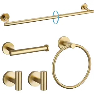 TURS Brushed Gold 5 Piece Bathroom Hardware Set, SUS304 Stainless Steel 24 Inch Bath Towel Bar Set, Round Bathroom Accessories Kit Wall Mounted
