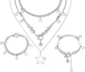 2 Pieces Silver Star Necklace Y2K Jewelry Set  Necklace Cute Necklaces Aesthetic Vintage  Jewelry