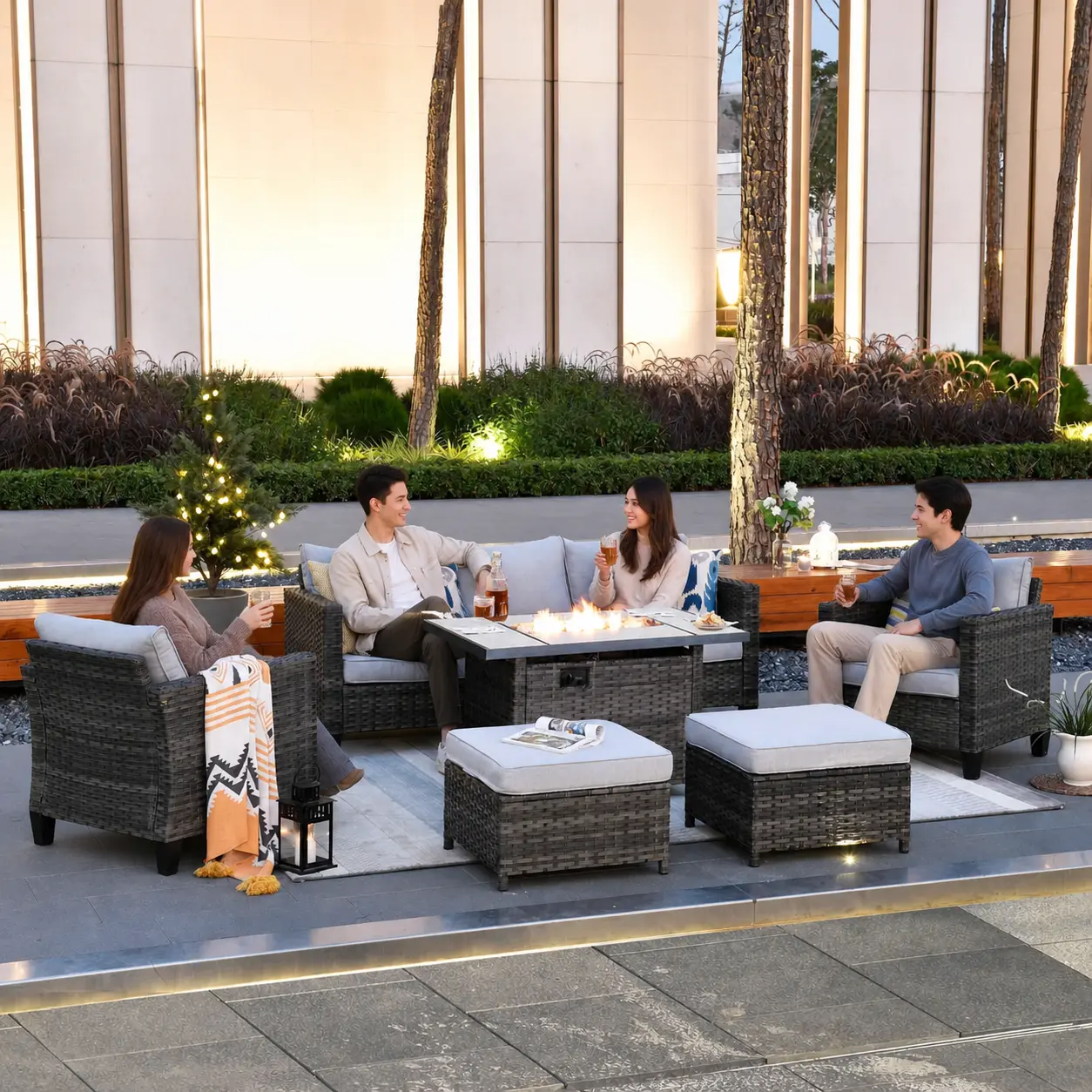【Summerfinds】Ovios 6-Piece Outdoor Patio Furniture Set with 42" Rectangle Propane Fire Pit Table, All-Weather Wicker Sectional Conversation Set with Cushions for Backyard, Patio, Deck, Garden & Poolside