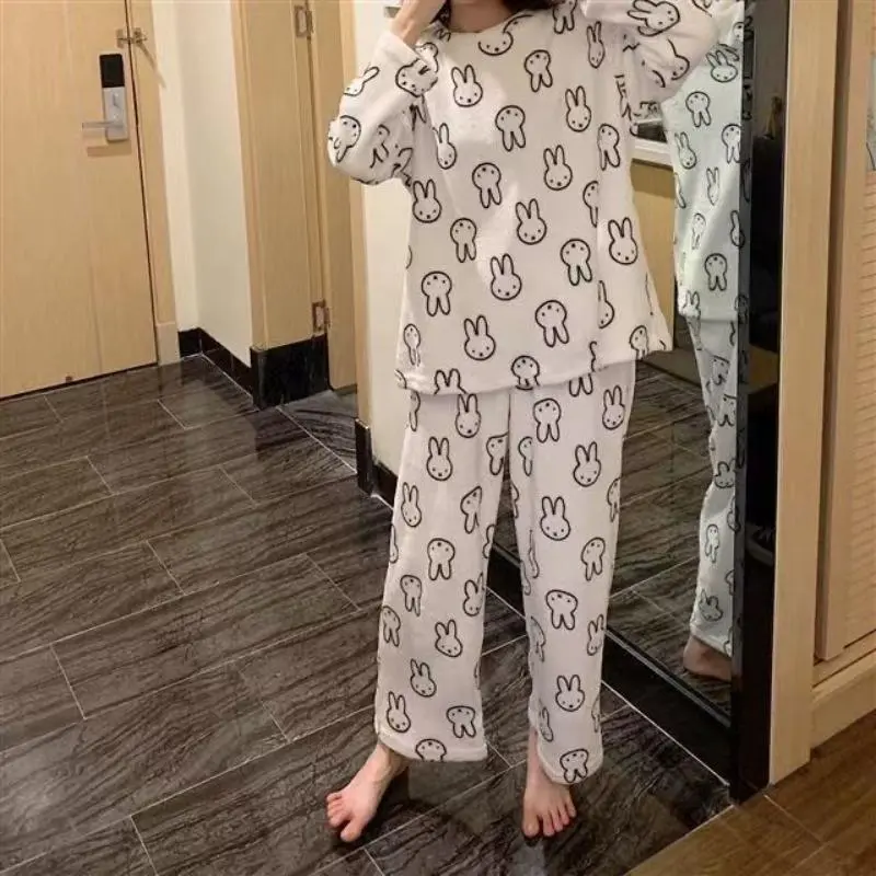 Women's Miffy 2-Piece Autumn Winter Flannel Pajama Set - Fashionable Anime Printed, Long-Sleeves, Comfortable Polyester Loungewear Nightwear, Ideal for Mature Plus Size Gifts
