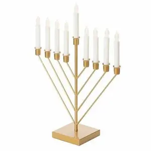 Nine Branch Electric Chabad Judaica Chanukah Menorah with LED Candle Design Candlestick, Gold