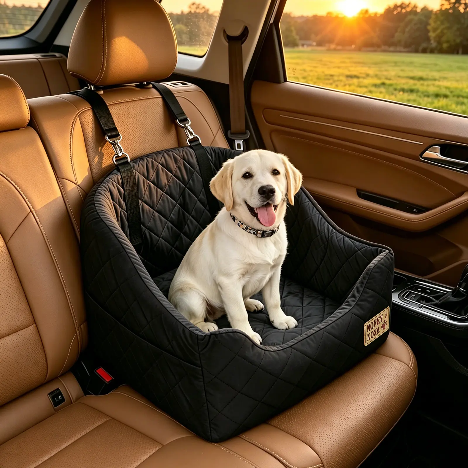 BOFNL Dog Booster Car Seat for Small/Medium Dogs Up to 35 lbs, FurFrolic Memory Foam Design, Washable Detachable Cover, Storage Pockets, 2 Safety Belts, Black Brown