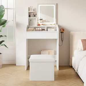 [Summer Vibes]WeCharmer Vanity Desk Set with Round Mirror, Vanity with Lights, Makeup Vanity with Mirror, 3 Lighting Modes, for Bedroom Furniture Table Storage Drawer Modern Design Organizing