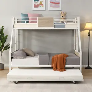 Twin Over Full Bunk Bed with Trundle, Metal Bunk Bed Frame with 2 - Side Ladder and Full-Length Guardrail, No Box Spring Needed, Large Under Bed Storage, Easy Assemble