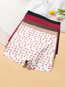 Women's Seamless Soft Skin-Friendly Underwear, Cherry Print Basic Panties, Four Seasons Wear, 5-Pack, Comfortable and Stylish