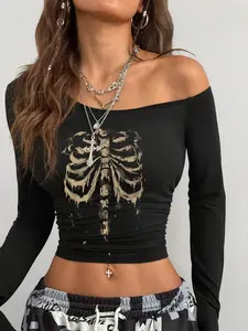 Halloween Women's Skull Skeleton Print Asymmetrical Neck Long Sleeve T-Shirt, Slim Fit Casual Fashion Womenswear Top for All Seasons