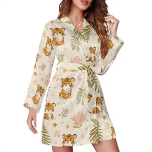 White Tiger Print Satin Robe Dress - Soft, Trendy Summer Loungewear Inspired by Viral TikTok, Perfect for Cozy Nights and Relaxed Home Style