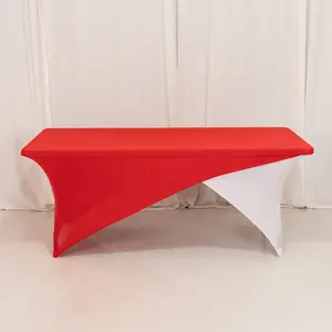 Stretch Spandex Rectangle Table Cover 72"x30" Red/White - Cross Over Two-Piece Fitted Tablecloth