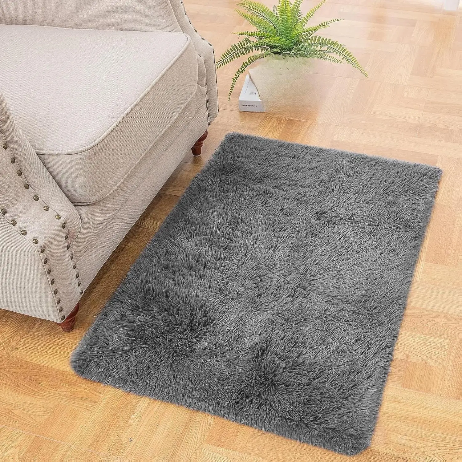 2x3 ft Grey Fluffy Throw Rug – Non-Slip Mini Carpet for Bedroom, Entryway, Nursery & Home Decor