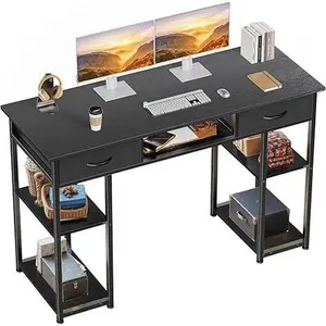 Modern Computer Desk 48 Inch Home Office Bedroom Writing Study PC Table with Fabric Drawers Storage Shelves Space Side Bag Headphone Hook Metal Frame Adjustable Feet Spacious Storage Durable Construction Easy Assembly