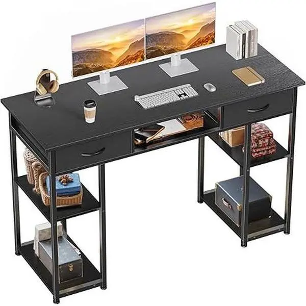 Modern Computer Desk 48 Inch Home Office Bedroom Writing Study PC Table with Fabric Drawers Storage Shelves Space Side Bag Headphone Hook Metal Frame Adjustable Feet Spacious Storage Durable Construction Easy Assembly