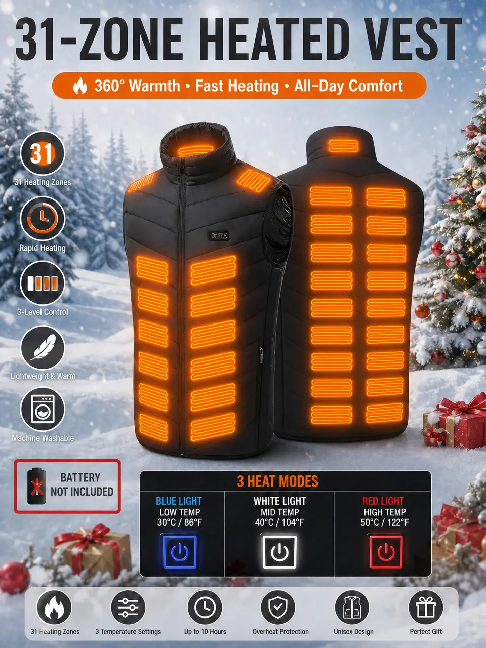 Men's heated vest, unisex, zone 31 heating with 4 control switches, warm for autumn and winter, windproof and cold-resistant, perfect for hiking and cycling, great gift for Halloween, Christmas and other holidays [batteries not included]