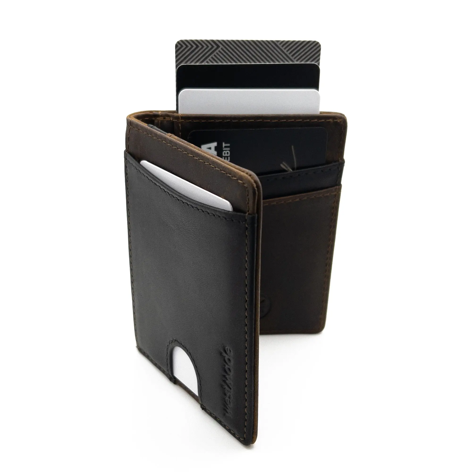 Merwin Vertical Bifold RFID Blocking Slim Quick Access Pull Tab Wallet Cowboy Brown/Graphite Black