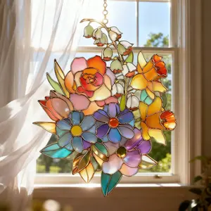 Mixed Floral Faux Stained Glass Suncatcher - Hangable Metal Light-Decorated Colorful Flower Bouquet, Unique Artwork Window Hanging Decoration, Ideal Home Decor Gift