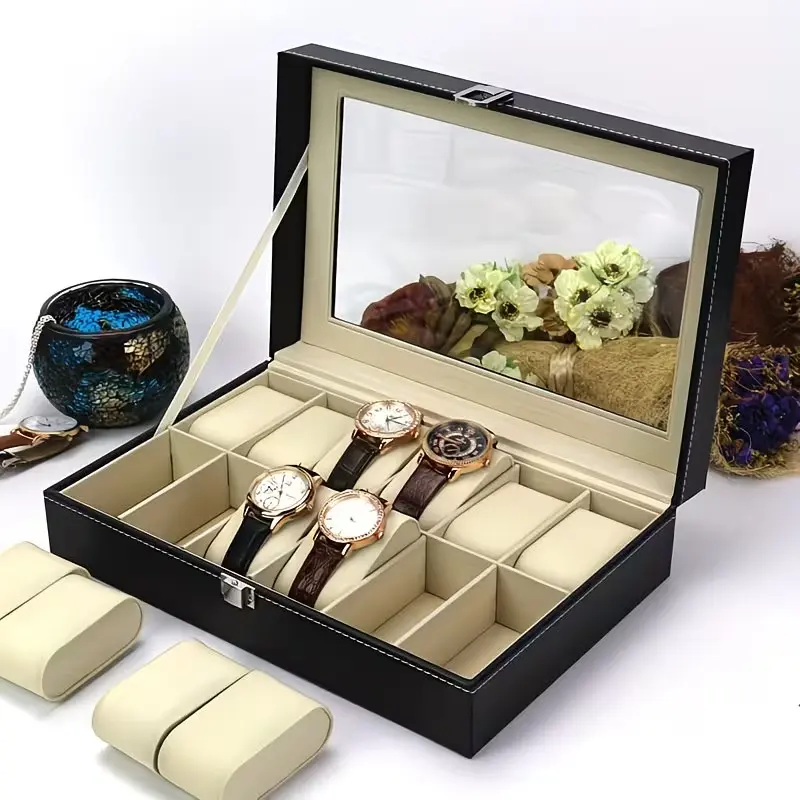High-Quality Faux Leather Watch Storage Box for 12 Watches, Featuring A Display Window, Large Capacity, Dustproof and Oxidation-Resistant with A Lid, Watch Protector