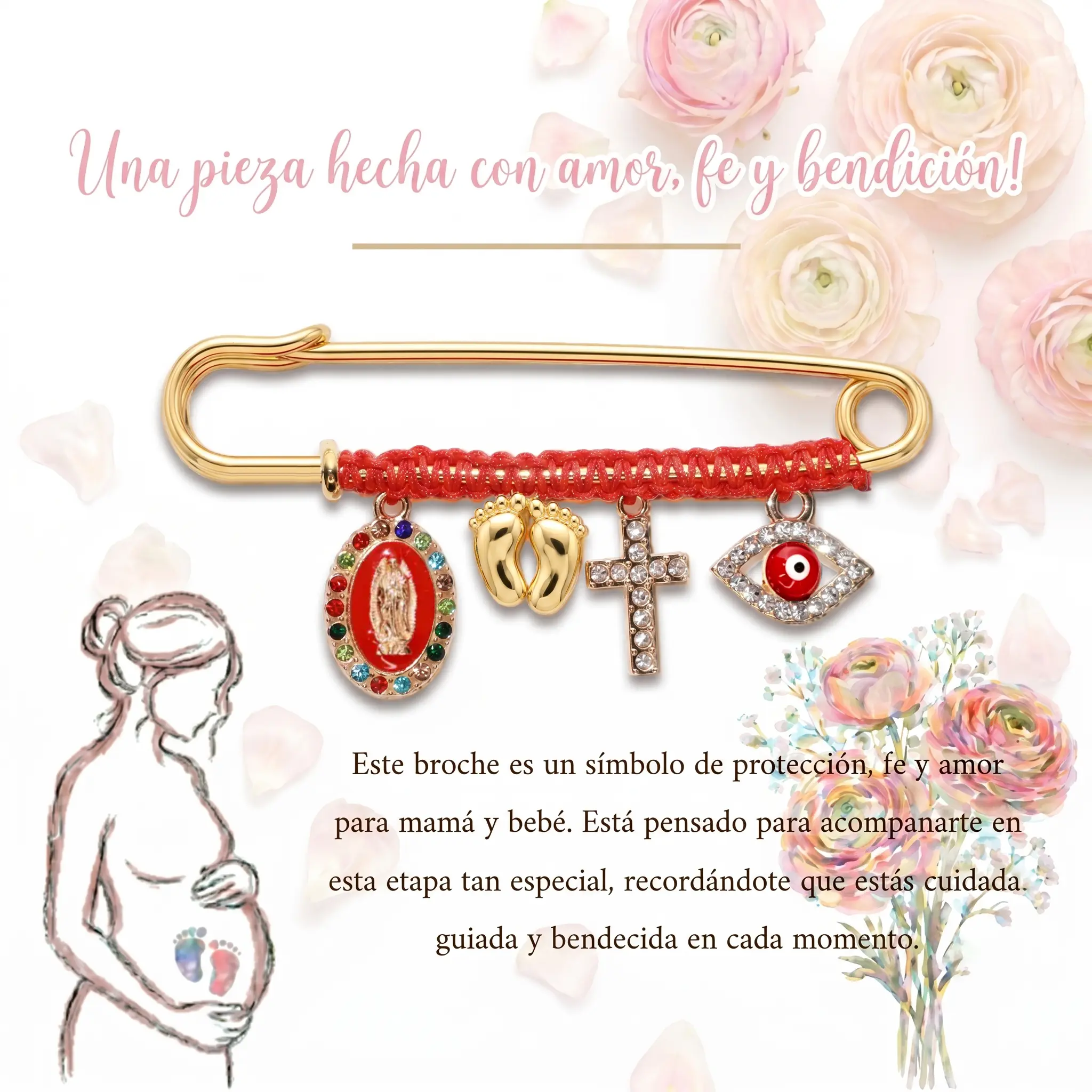 Evil Eye Protection Brooch and Bracelet Set, Alloy Virgin Mary Charm for Newborns, Adjustable Red String, Wearable Prayer, Baptism & Baby Shower Gift