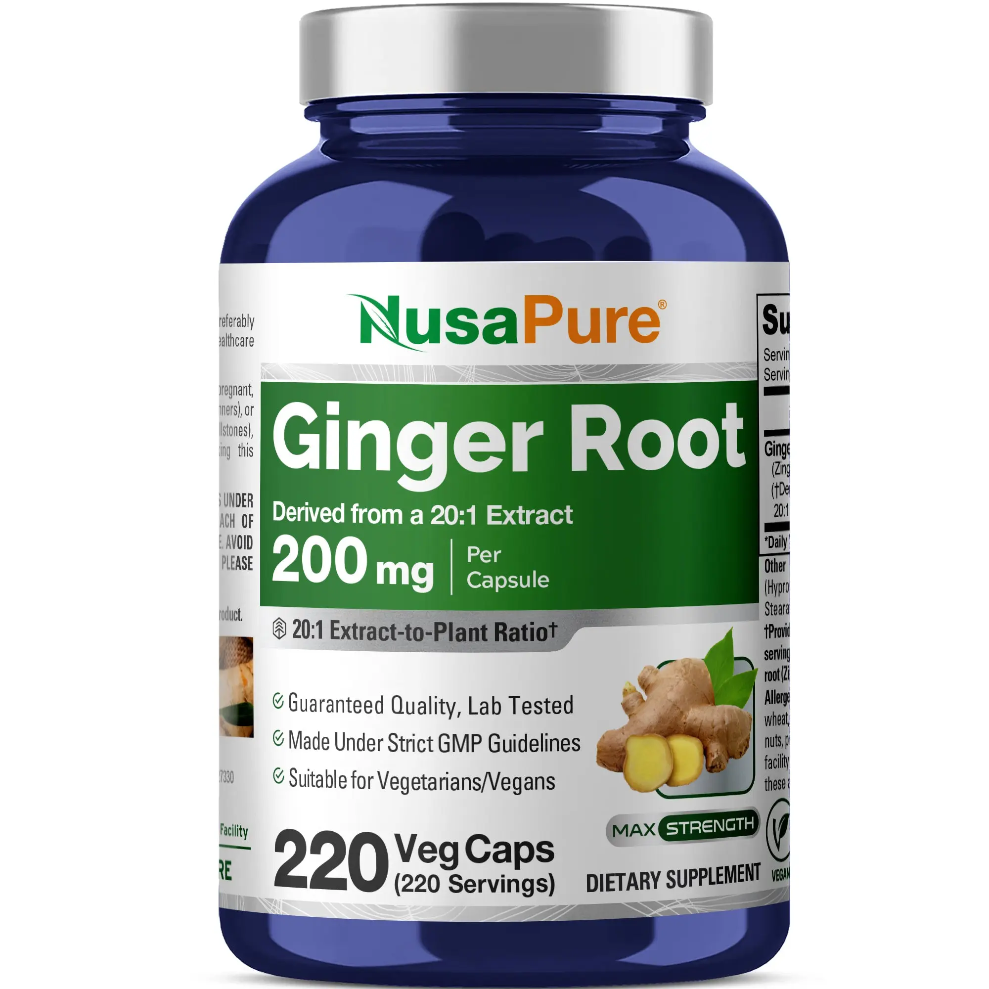 NusaPure Ginger Root Supplements - 20:1 Extract, 200mg per Cap Vegetarian Veggie Caps, 220 Count (Pack of 1), Non-GMO Antioxidant Boost, Digestive Aid, Nausea Relief & Gut Health Support