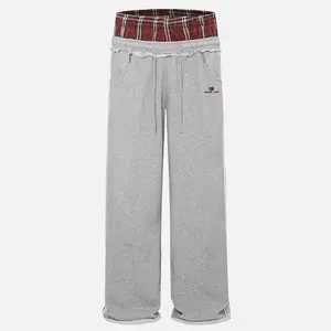 Aelfric Eden Plaid Patchwork Double Waist Baggy Wide-Leg Sweatpants with Pockets Drawstring Elastic Waist Casual Streetwear Unisex Vintage Streetwear Joggers