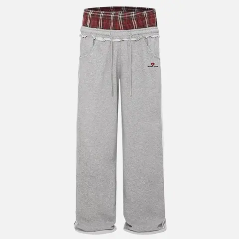 Aelfric Eden Unisex Loose Wide-Leg Oversized Sweatpants - Double-Waist Fit Plaid Patchwork Track Pants, Drawstring Elastic Waist, Pockets, Stripe Vintage Cotton Joggers for Casual Streetwear