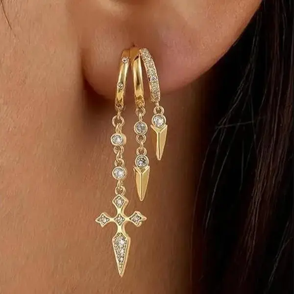 14K Gold-Plated Copper Zircon-Inlaid Moon-Star Earrings, Asymmetrical 3-Crisscross Tassels Dangling Earrings, Small Gradient Drop Hoops for All Seasons earring stack funky unique accessories