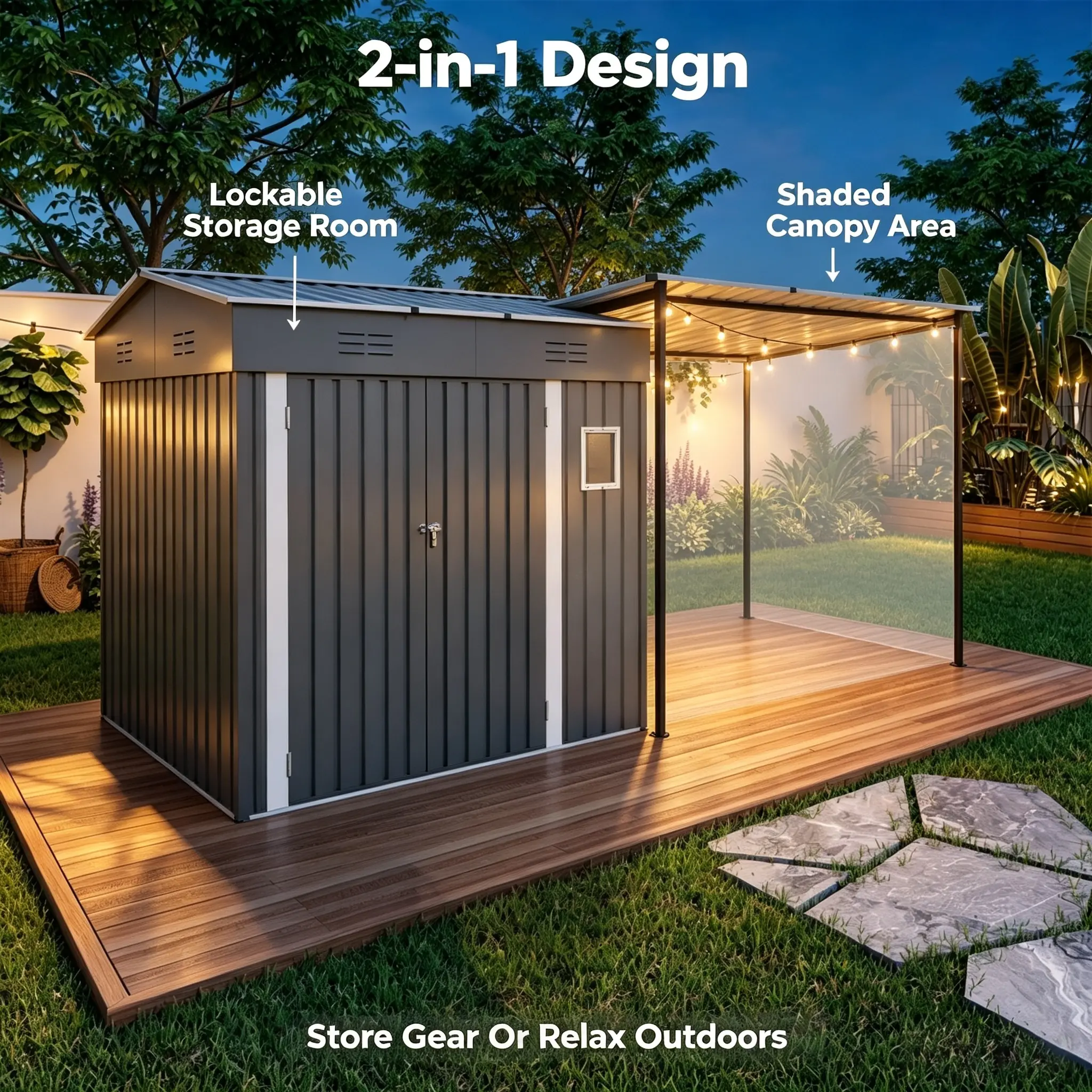 2-in-1 Functional Combo Outdoor Canopy Tent with Lockable Room, Open Shade Zone, Pre-Drilled Heavy-Duty Metal Frame, Waterproof Backyard Shelter for Camping, BBQ & Garden Tool Storage
