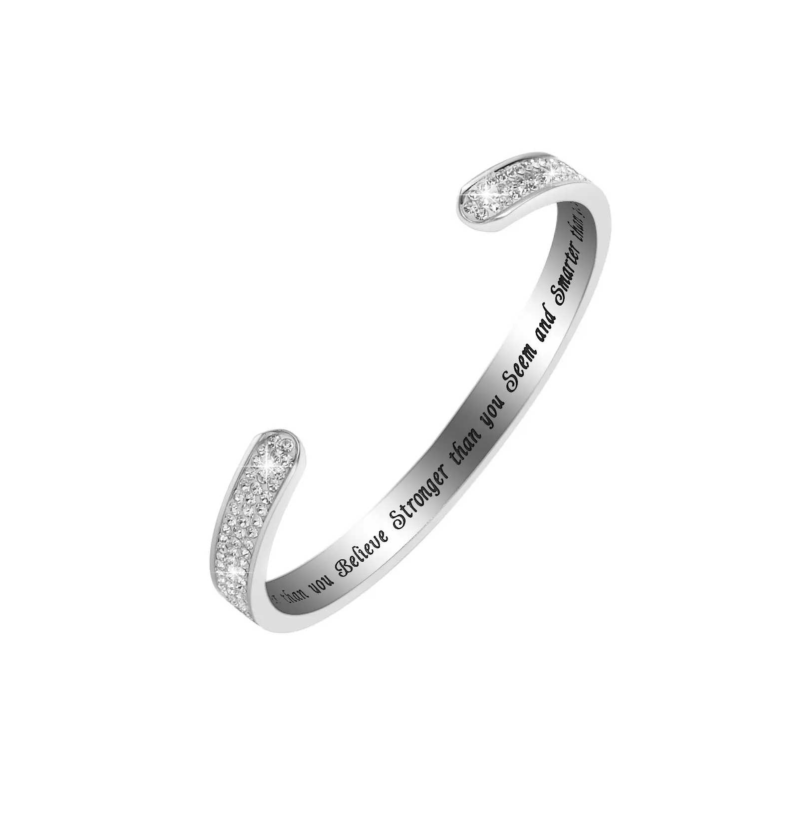 Women's Personalized Engraved Open Cuff Bracelet - Engraved Text, Inspirational "You Are Stronger Than You Think" Message, Sparkling Design, Female Statement Costume Jewelry Gift Accessory, Sparkling Metal, Message Print, Rhinestone Bracelet, Bling Effect