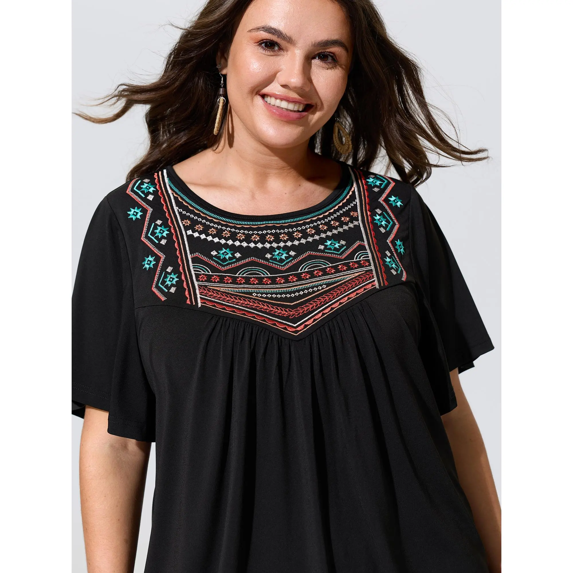 BLOOMCHIC Women's Plus Size Stretchy Spandex Geometric Embroidered Neckline Jersey Blouse - Sleeve Top, Garment for Summer Vacation Outfits [M-6X] 2026 Summer Finds, Shirts, Fabric