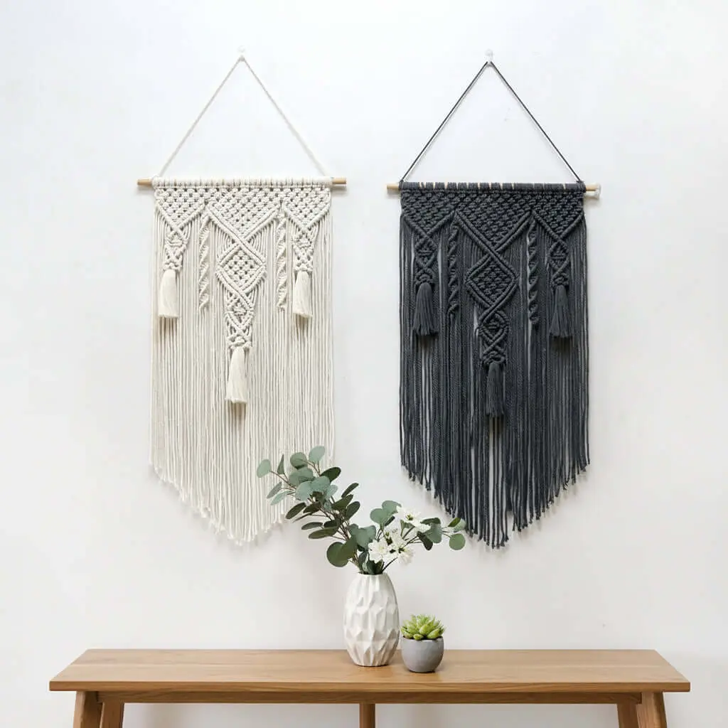 Hand-Woven Lightweight Nordic Macrame Wall Tapestry, Cotton Rope Minimalist Boho Home Decoration with Wooden Hangable Hook, Room Accessories
