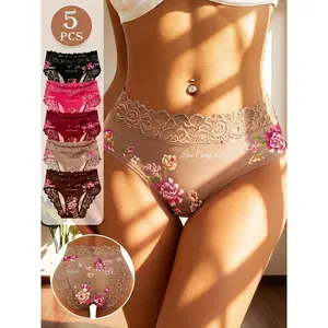 QUASTI 5-Pack Floral Print & Lace Trim Mid-Rise Panties — Contrast Color Design, Soft Breathable Fabric, Comfortable Everyday Women's Underwear, S-XXL