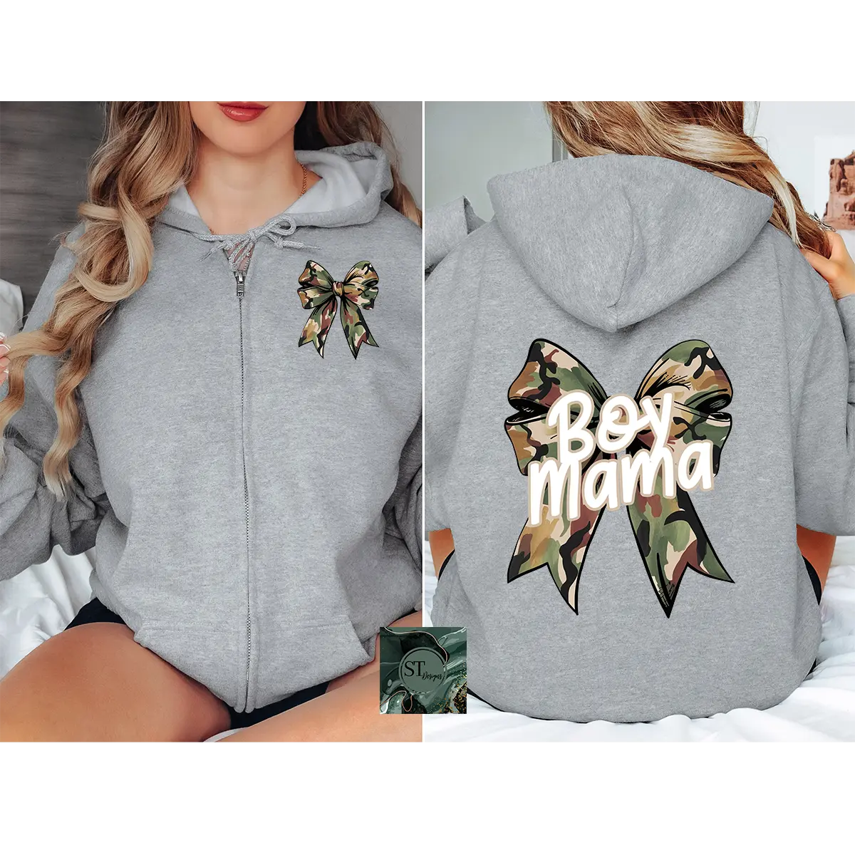 Camo Boy Mama Zip Hoodie Black or Sport Grey