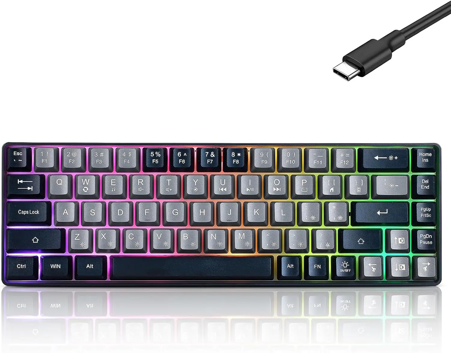 Guiheng Wired Portable 60% Mechanical Gaming Keyboard,Rgb LED Backlit Compact 68 Keys Mini Wired Office Keyboard with Red Switch for Windows Laptop PC Mac -Grey and Black