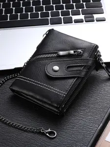 Men's Chain Wallet, PU Leather Dual Zipper Buckle Short Billfold, Multi-Card Slot Business Commute Coin Purse, Perfect Gift for Men